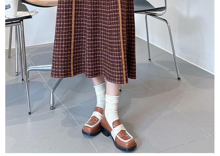 Plaid A-Line Midi High Knit Waist Skirt