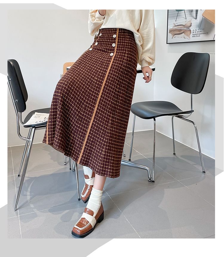 Plaid A-Line Midi High Knit Waist Skirt