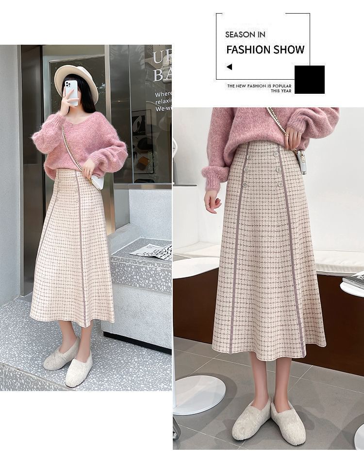 Plaid A-Line Midi High Knit Waist Skirt