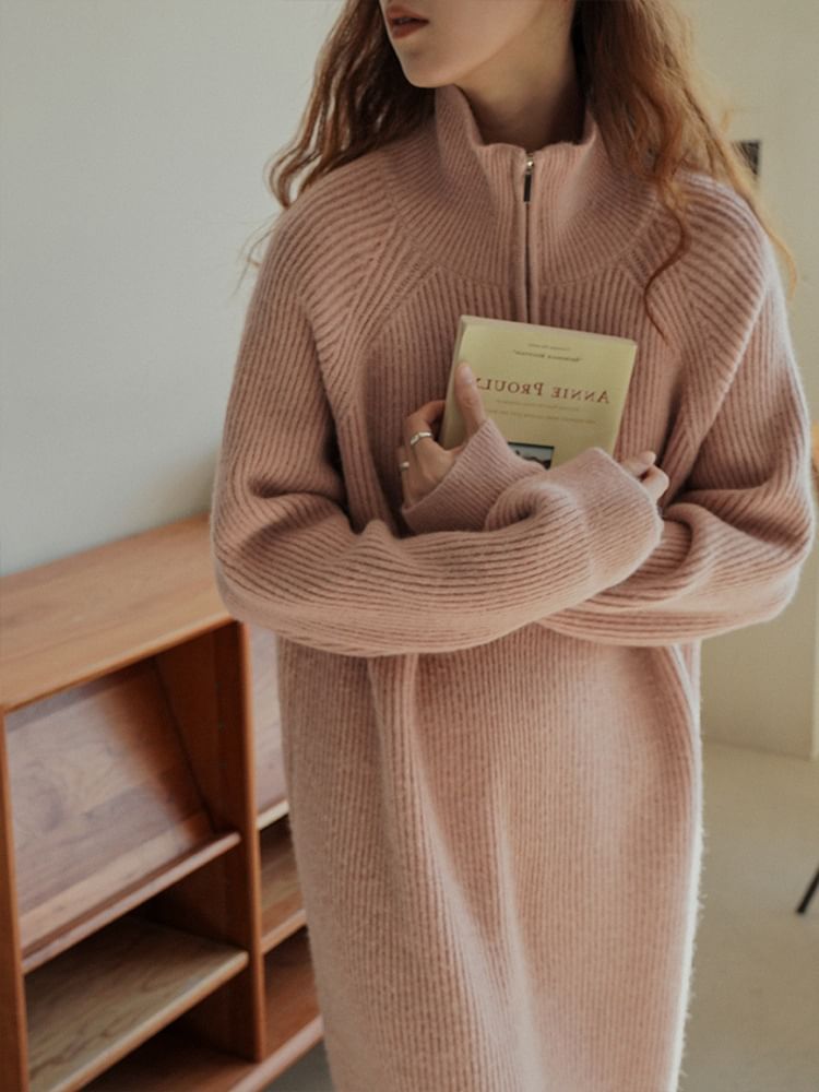 Plain Dress Midi Sweater Half-Zip Long-Sleeve Ribbed