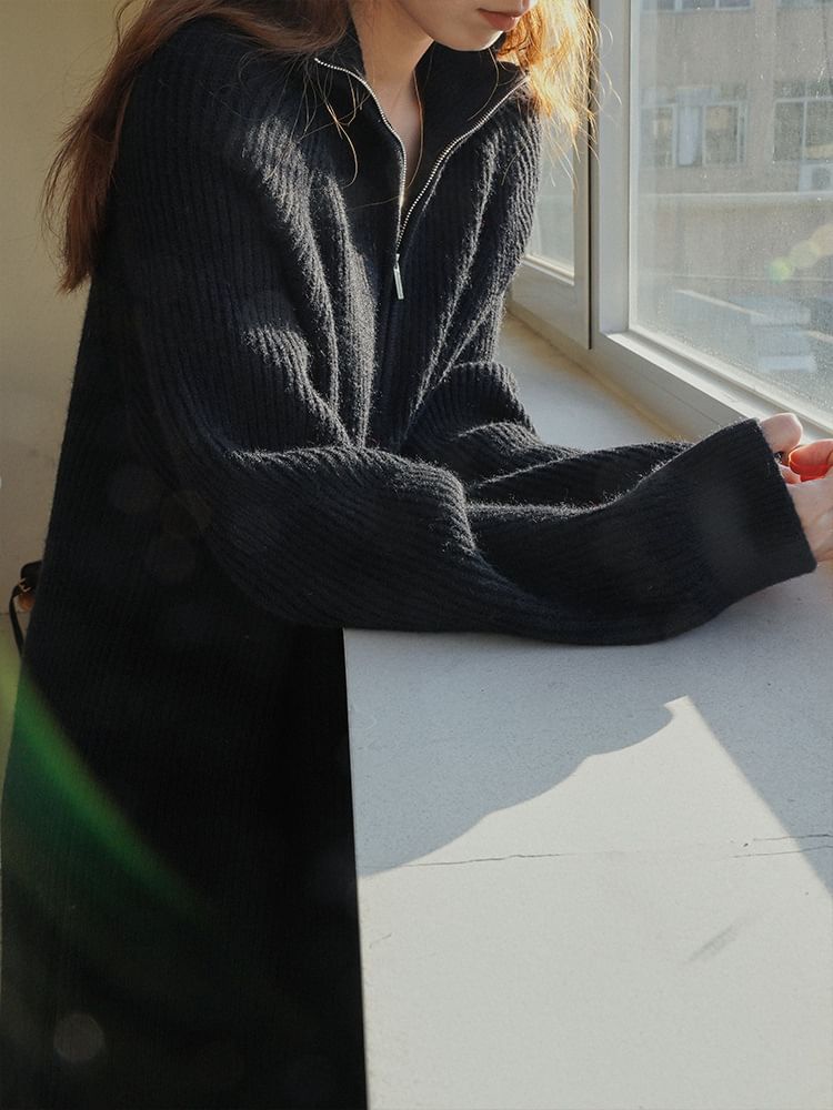 Plain Dress Midi Sweater Half-Zip Long-Sleeve Ribbed