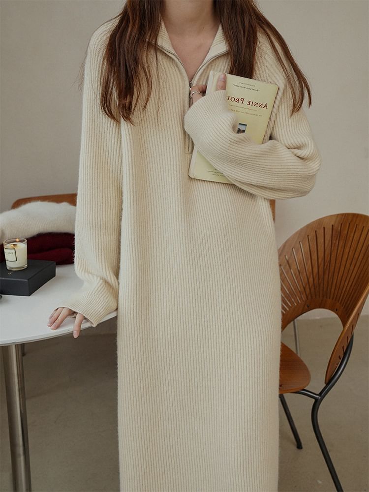 Plain Dress Midi Sweater Half-Zip Long-Sleeve Ribbed