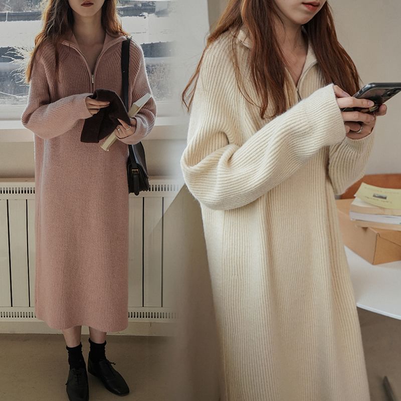 Plain Dress Midi Sweater Half-Zip Long-Sleeve Ribbed