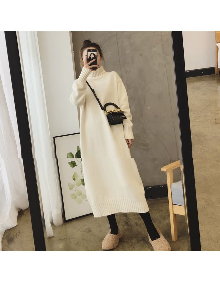 Plain Sweater Long-Sleeve Turtleneck Midi Dress