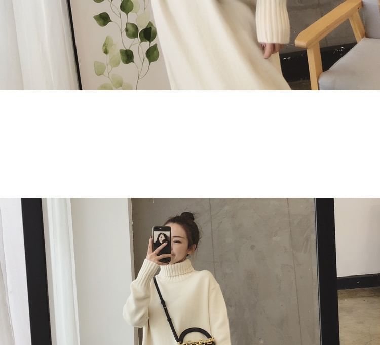 Plain Sweater Long-Sleeve Turtleneck Midi Dress