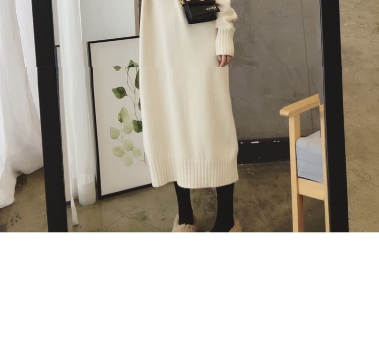 Plain Sweater Long-Sleeve Turtleneck Midi Dress