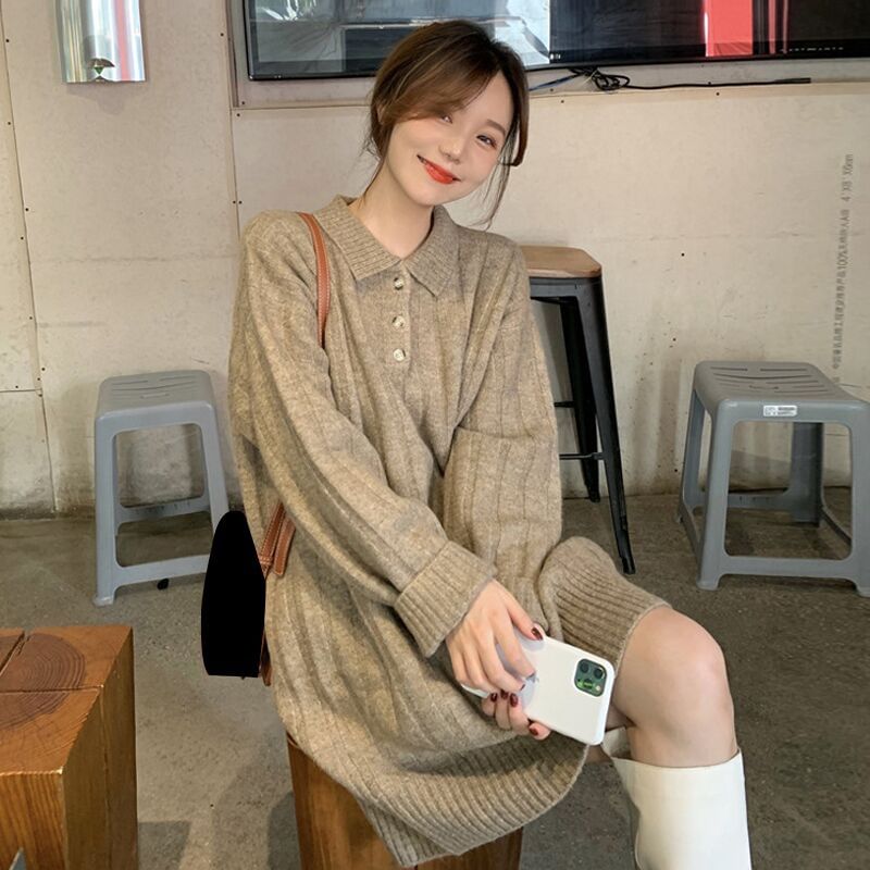 Mini Plain Polo-Neck Dress Long-Sleeve Sweater