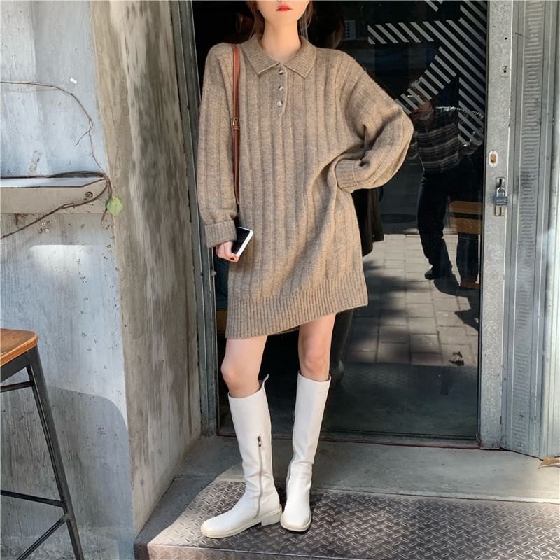 Mini Plain Polo-Neck Dress Long-Sleeve Sweater