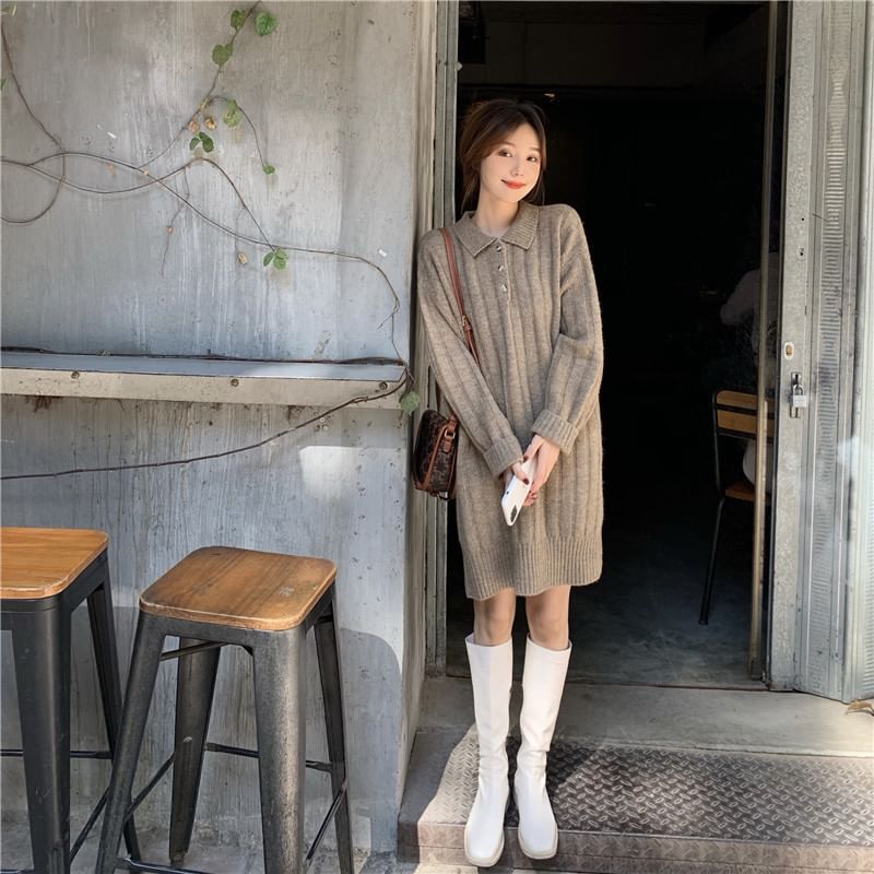 Mini Plain Polo-Neck Dress Long-Sleeve Sweater