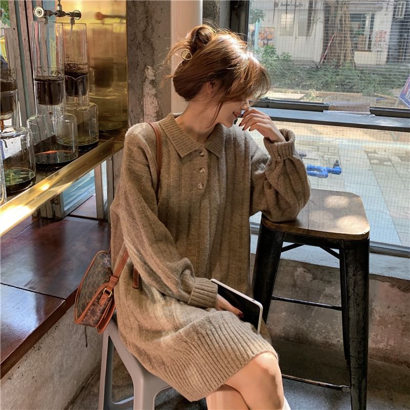 Mini Plain Polo-Neck Dress Long-Sleeve Sweater