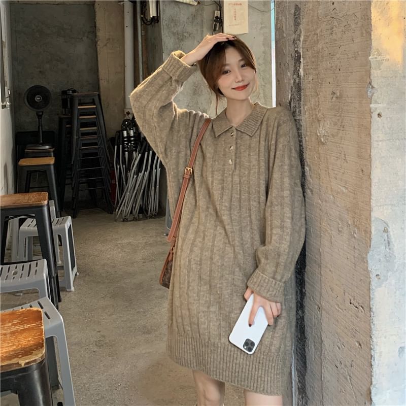 Mini Plain Polo-Neck Dress Long-Sleeve Sweater