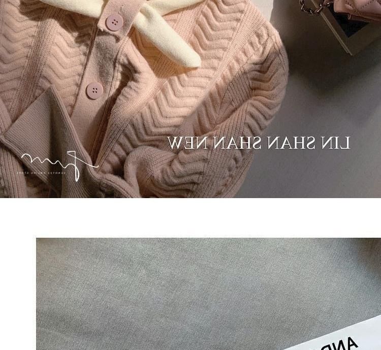 Knit Midi Puff-Sleeve Tie-Neck Dress Button-Up Plain