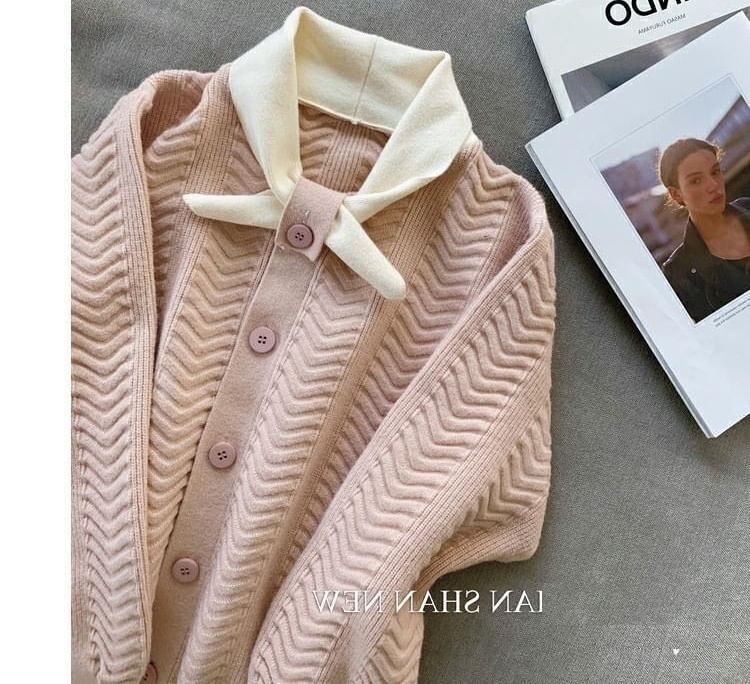 Knit Midi Puff-Sleeve Tie-Neck Dress Button-Up Plain