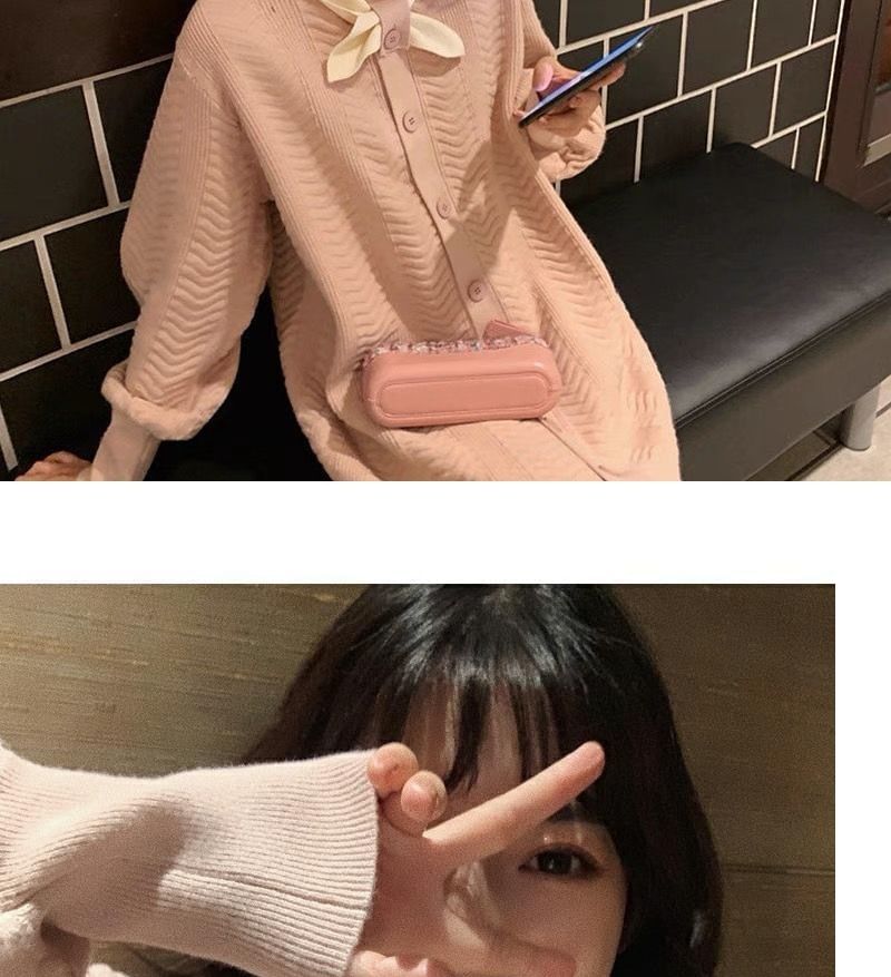 Knit Midi Puff-Sleeve Tie-Neck Dress Button-Up Plain