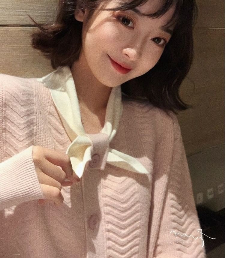 Knit Midi Puff-Sleeve Tie-Neck Dress Button-Up Plain