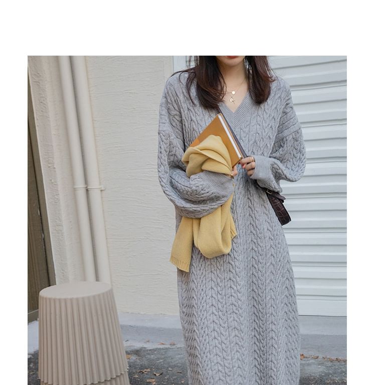 Dress V-Neck Sweater Midi Plain Long-Sleeve
