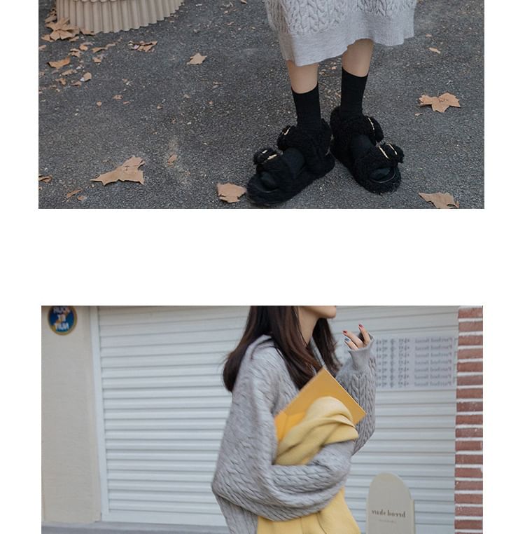 Dress V-Neck Sweater Midi Plain Long-Sleeve