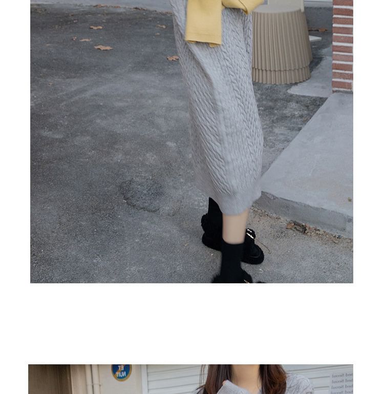 Dress V-Neck Sweater Midi Plain Long-Sleeve