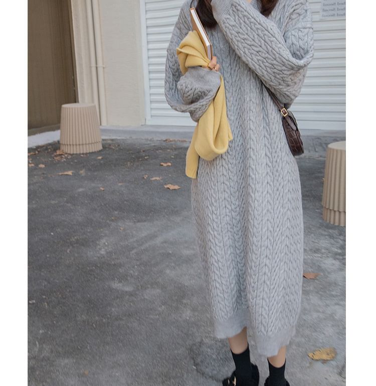 Dress V-Neck Sweater Midi Plain Long-Sleeve