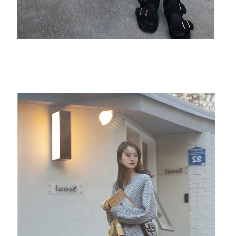 Dress V-Neck Sweater Midi Plain Long-Sleeve