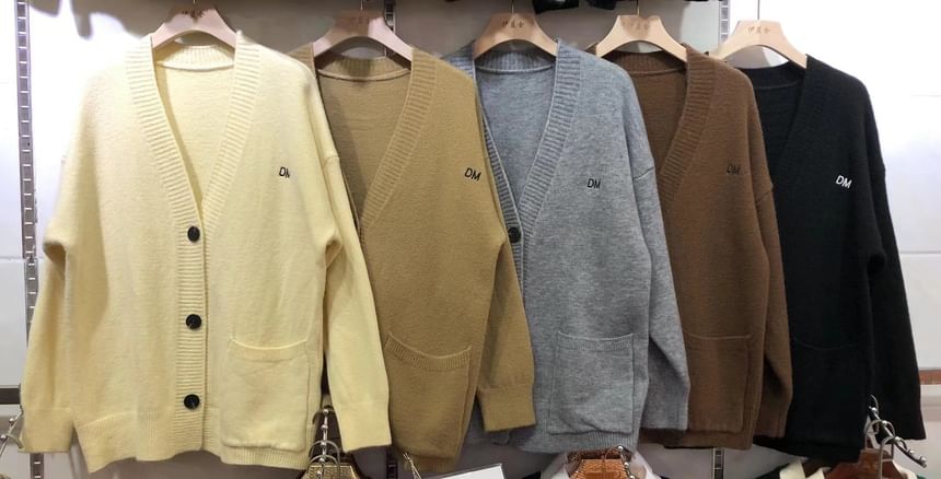 Button-Up Letter Cardigan Embroidered V-Neck