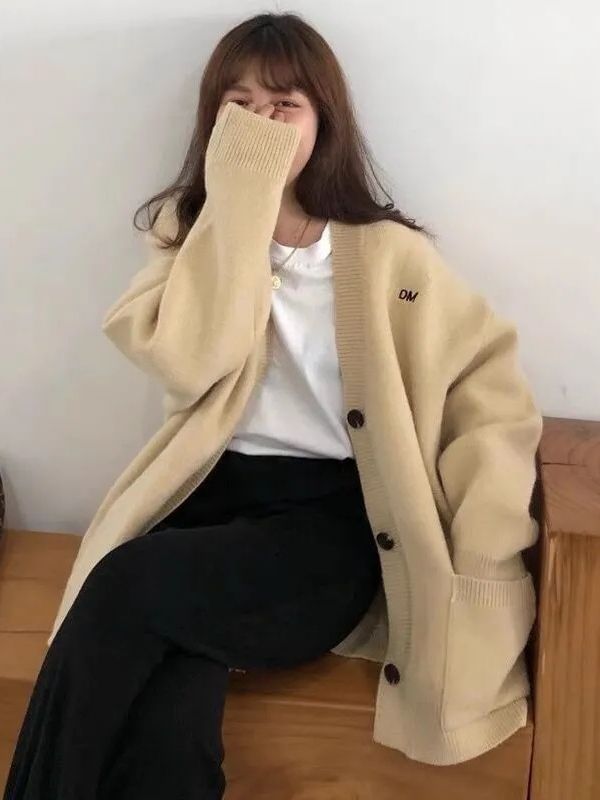 Button-Up Letter Cardigan Embroidered V-Neck