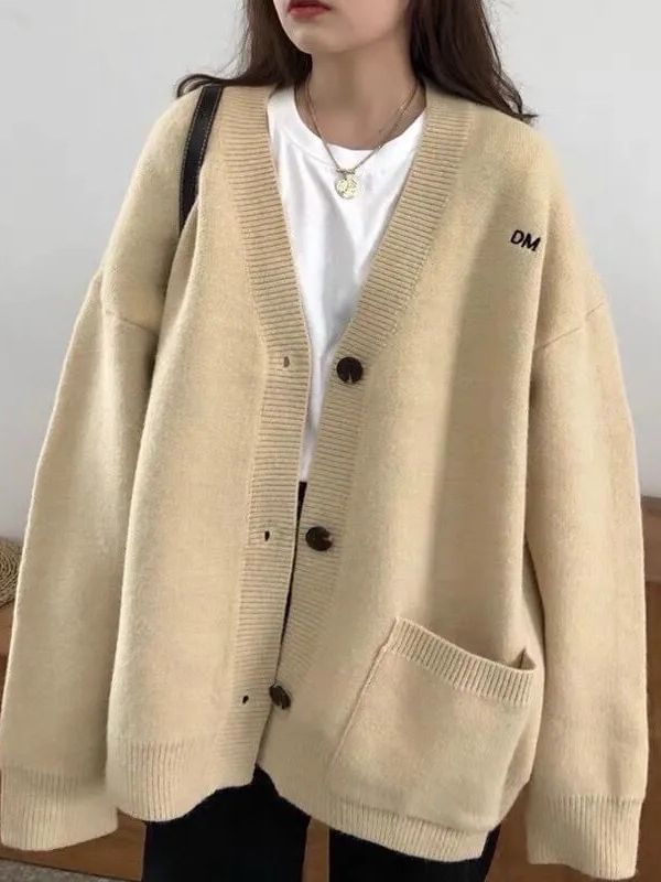 Button-Up Letter Cardigan Embroidered V-Neck
