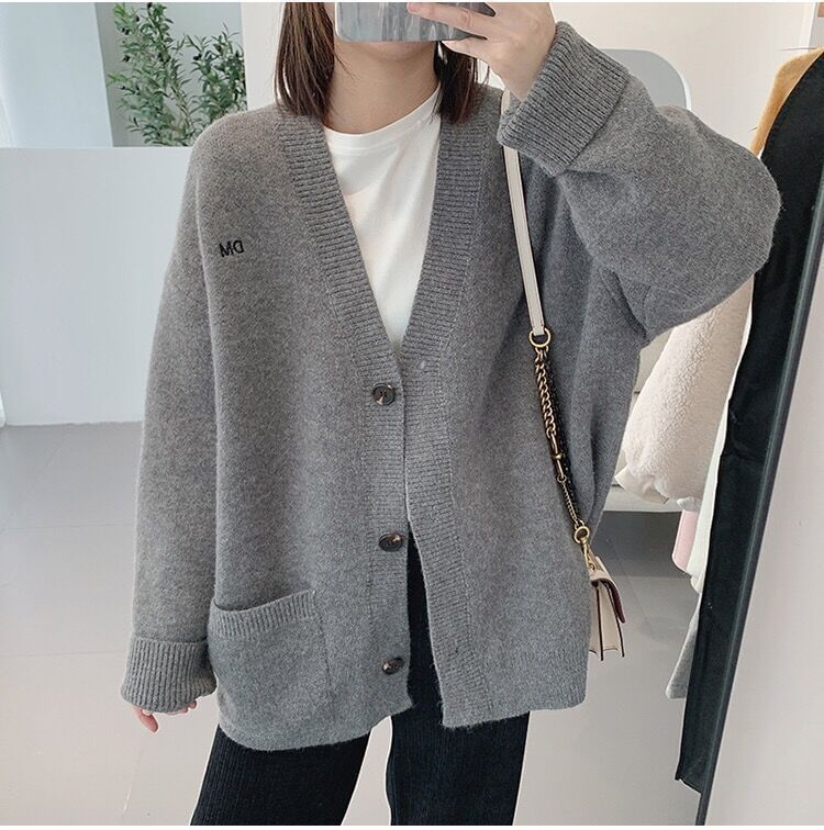 Button-Up Letter Cardigan Embroidered V-Neck