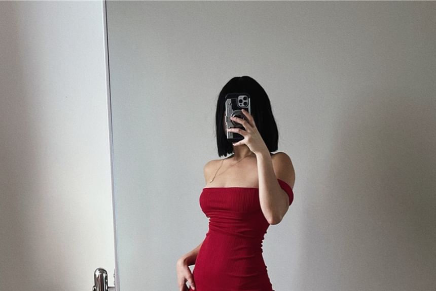 Off Dress Midi Plain Sheath Shoulder