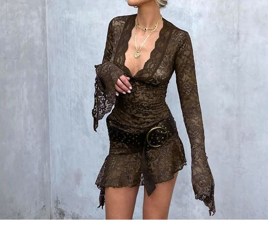 Lace V-Neck Mini Bodycon Long-Sleeve Dress