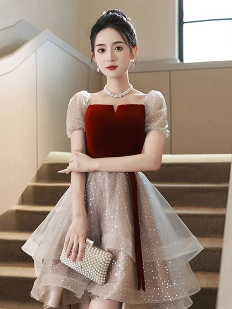 Dress Mesh Square Ruffle Panel Neck Evening A-Line Gown Velvet / Cocktail Short-Sleeve