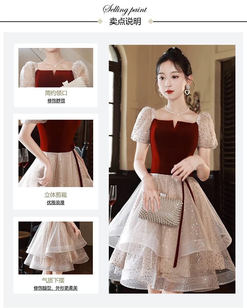 Dress Mesh Square Ruffle Panel Neck Evening A-Line Gown Velvet / Cocktail Short-Sleeve