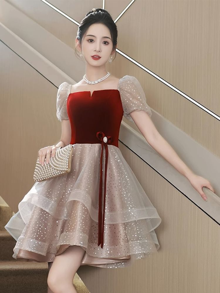 Dress Mesh Square Ruffle Panel Neck Evening A-Line Gown Velvet / Cocktail Short-Sleeve