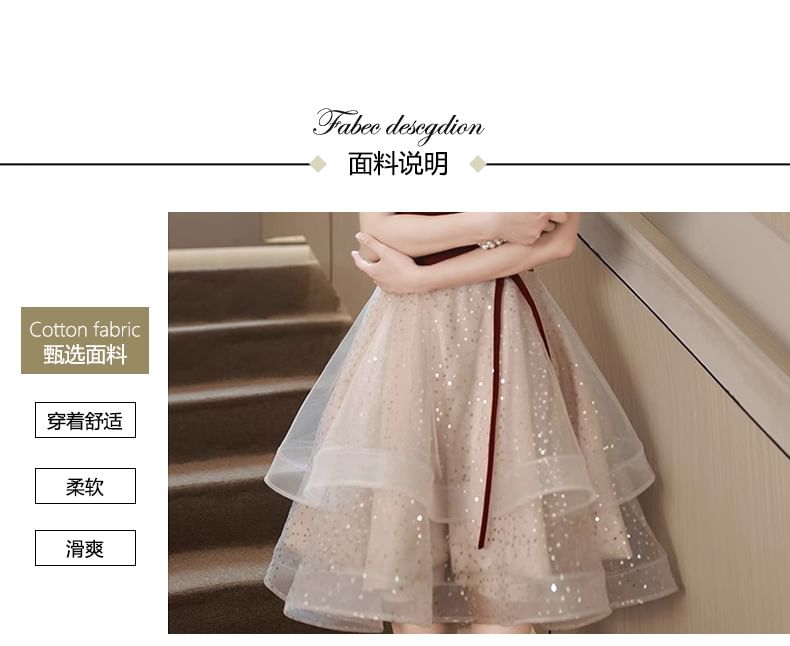 Dress Mesh Square Ruffle Panel Neck Evening A-Line Gown Velvet / Cocktail Short-Sleeve