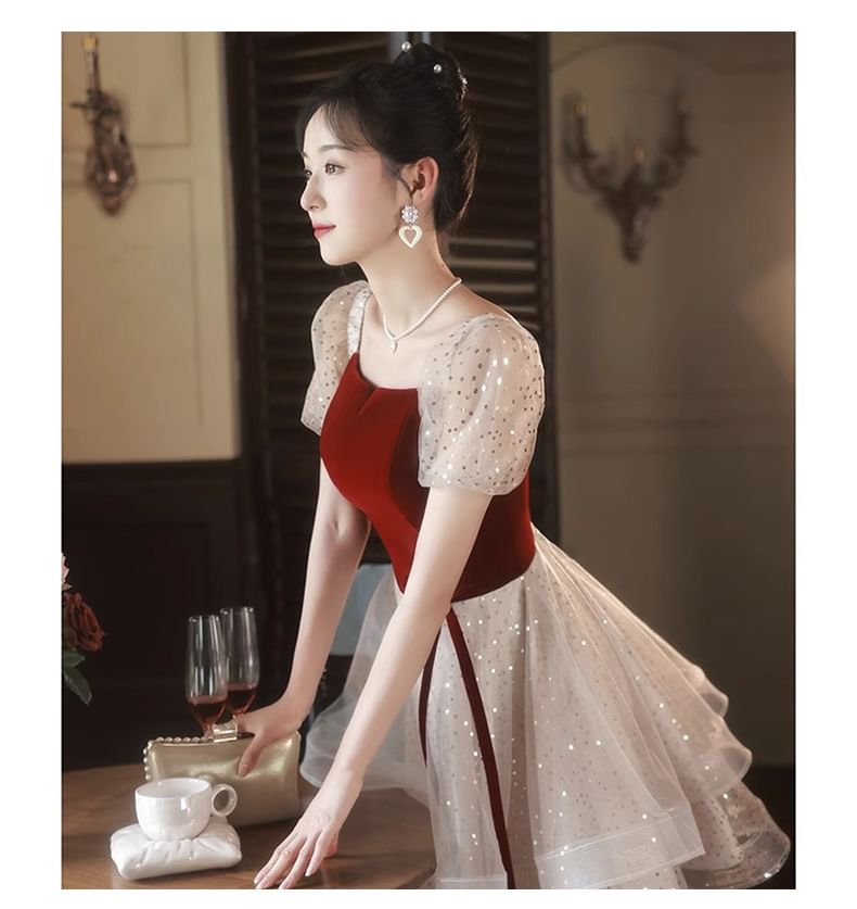 Dress Mesh Square Ruffle Panel Neck Evening A-Line Gown Velvet / Cocktail Short-Sleeve