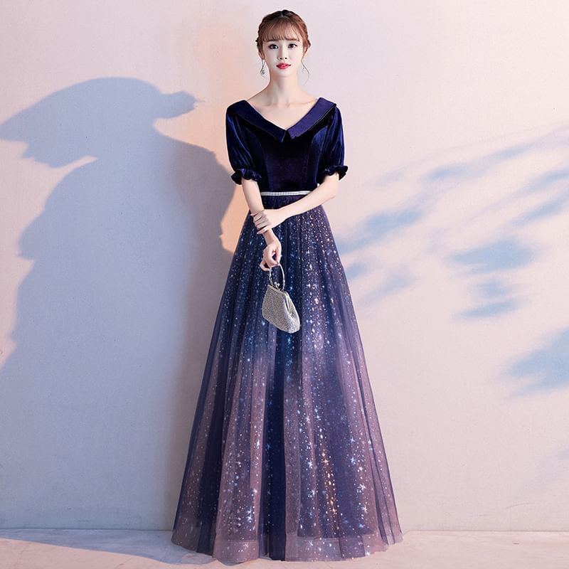 Panel Velvet Mesh Dress / A-Line Cocktail Gradient Gown Evening