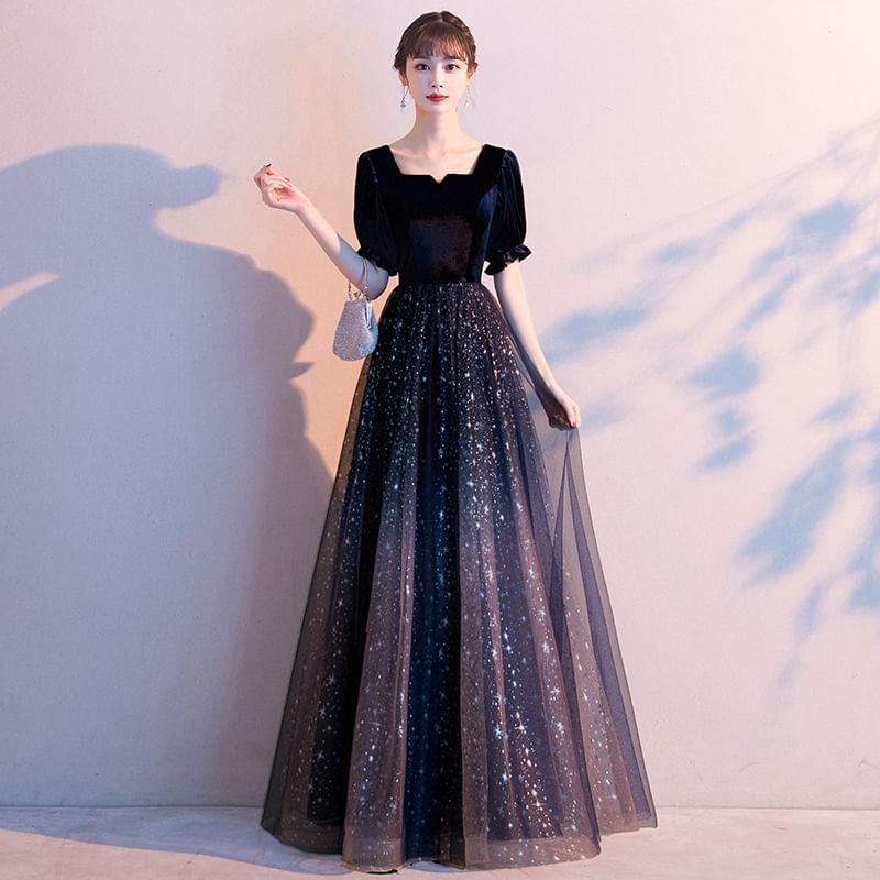 Panel Velvet Mesh Dress / A-Line Cocktail Gradient Gown Evening