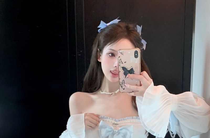 Patterned A-Line Two Belt / Puff-Sleeve Trim Lace Mini Lace-Up Off-Shoulder Corset Tone Dress