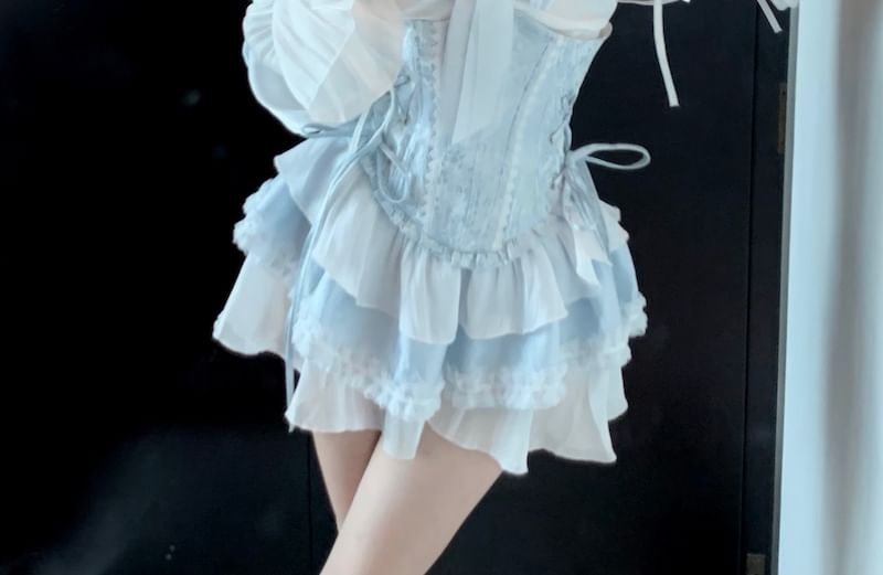 Patterned A-Line Two Belt / Puff-Sleeve Trim Lace Mini Lace-Up Off-Shoulder Corset Tone Dress