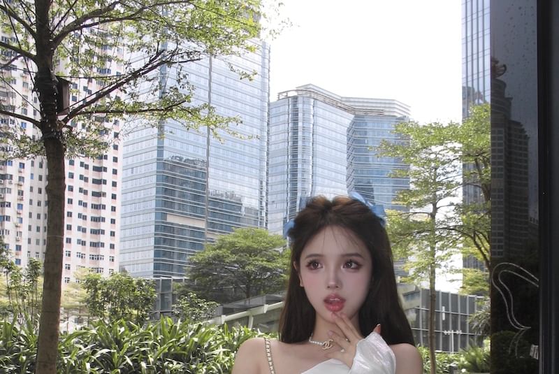 Patterned A-Line Two Belt / Puff-Sleeve Trim Lace Mini Lace-Up Off-Shoulder Corset Tone Dress