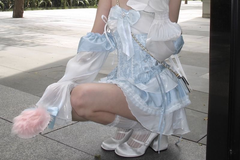 Patterned A-Line Two Belt / Puff-Sleeve Trim Lace Mini Lace-Up Off-Shoulder Corset Tone Dress