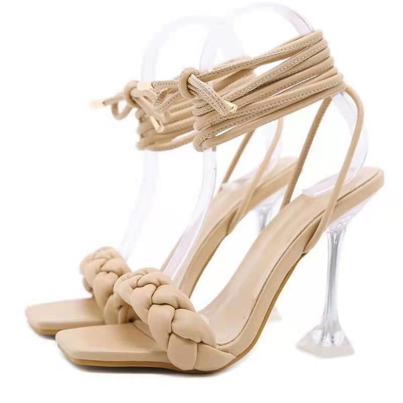 High Square-Toe Sandals Braided Heel