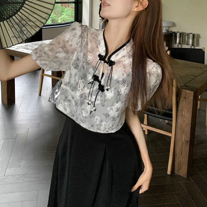 Floral Short-Sleeve Set: A-Line Dress Midi Blouse Strap + Plain Spaghetti