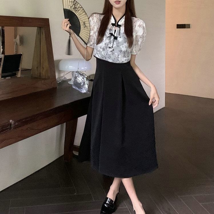 Floral Short-Sleeve Set: A-Line Dress Midi Blouse Strap + Plain Spaghetti