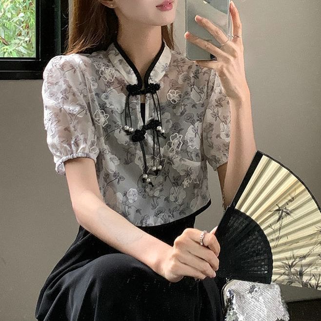 Floral Short-Sleeve Set: A-Line Dress Midi Blouse Strap + Plain Spaghetti