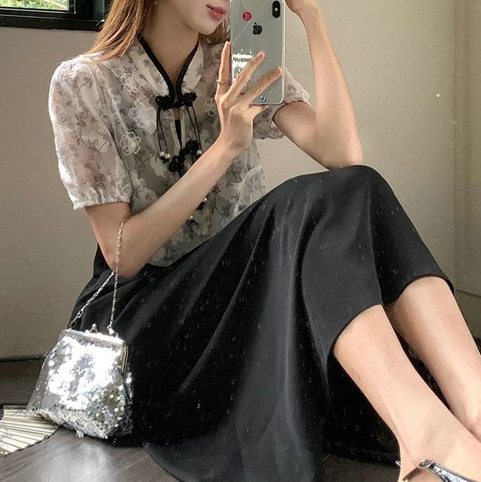 Floral Short-Sleeve Set: A-Line Dress Midi Blouse Strap + Plain Spaghetti