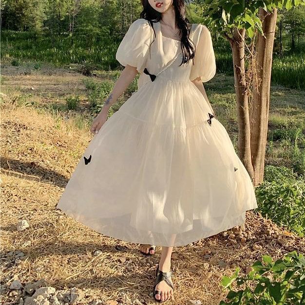 Plain Sundress Puff-Sleeve Square Bow Midi Neck