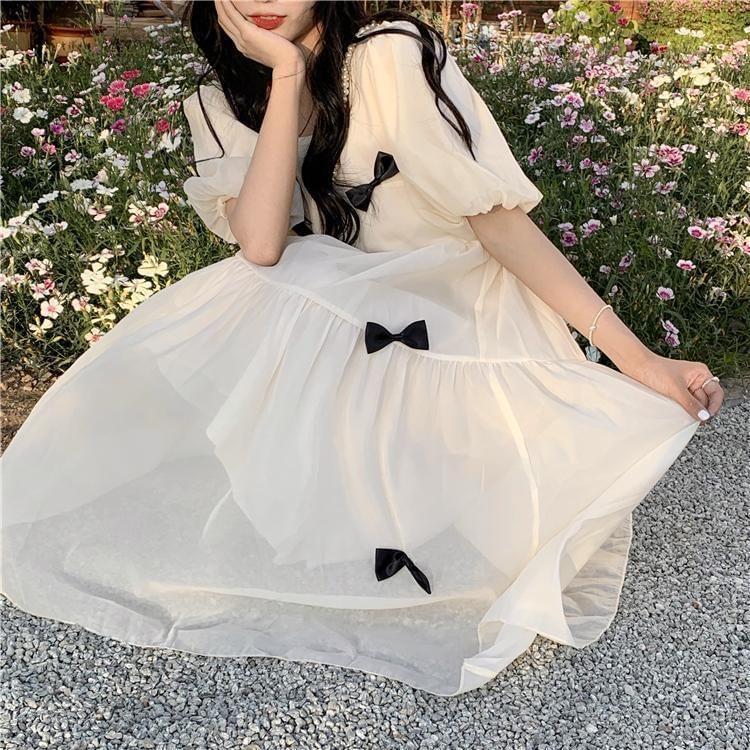 Plain Sundress Puff-Sleeve Square Bow Midi Neck