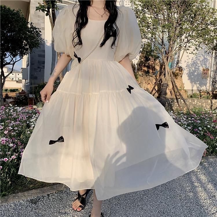 Plain Sundress Puff-Sleeve Square Bow Midi Neck
