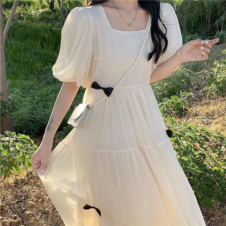 Plain Sundress Puff-Sleeve Square Bow Midi Neck